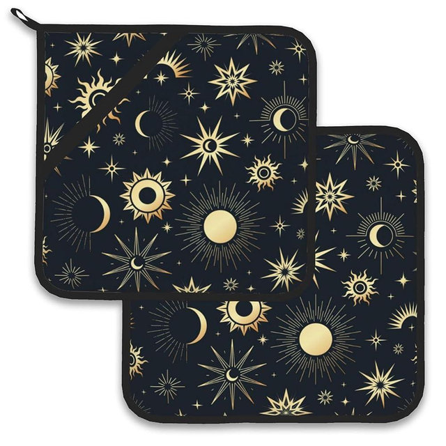 Gold Sun Moon Stars Mystical Pot Holder Set of 2,Heat Resistant Potholders Oven Hot Pads for Kitchen Cooking Baking BBQ