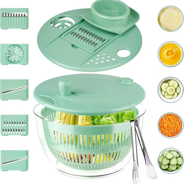 YUANYE Salad Spinner Large, 3 IN 1 Vegetable and Fruit Washing Bowl with Strainer, Lettuce Spinner with 5 Blades Slicer, Egg Yolk Strainer, Bowl for Efficient Salad Preparation, 5.3 Qt（Green）