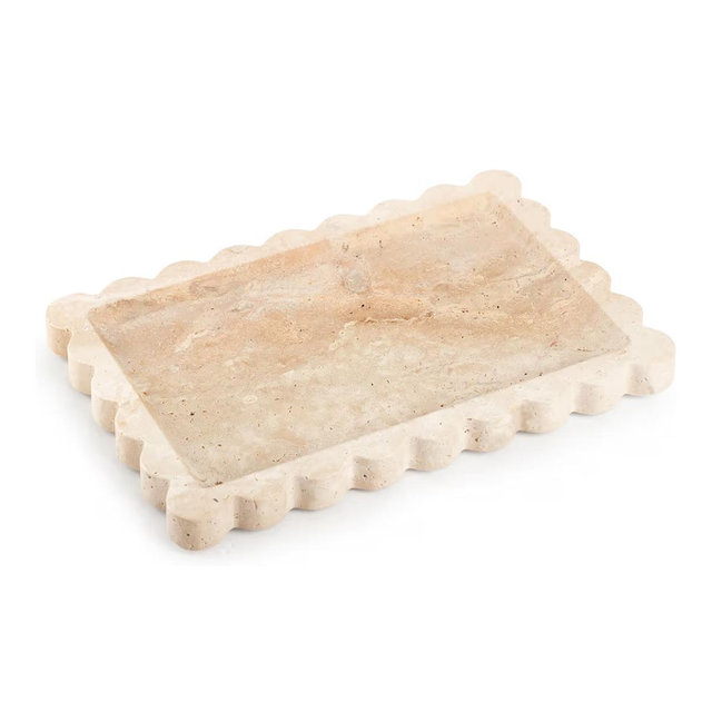 Natural Rectangular Travertine Tray with Scalloped Edge, Multi-Purpose Marble Tray for Kitchen Counter, Bathroom, Vanity, Dresser (Beige Travertine, 7.87"x11.81")
