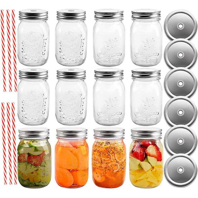 Cedilis 12 Pack 16oz Mason Jar Canning Jar, Drinking Mason Jars with 12pcs Straw Lids and 12pcs Regular Lids, Drinking Glass Jars Airtight Jelly Jars for Meal Prep, Jam, Honey, Shower Favors, Baby Foods, Salads, Yogurt (16oz)