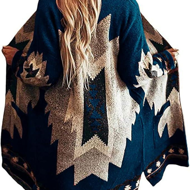 Jawint Women Vintage Tribal Knitted Cardigan Sweater Coat Western Casual Open Front Outwear with Pocket