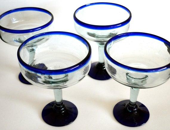 4 pack Blue rim Margarita glass handblown