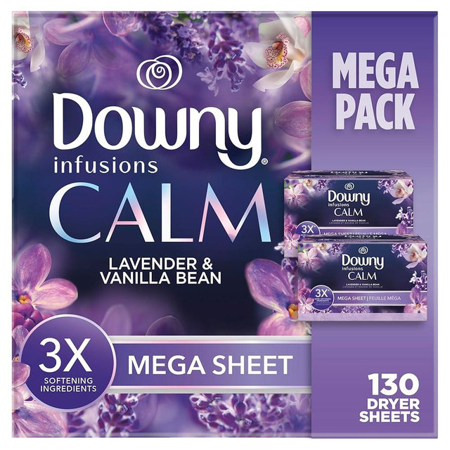 Downy Infusions Mega Dryer Sheets, Laundry Fabric Softener, CALM, Lavender and Vanilla Bean, 130 Count