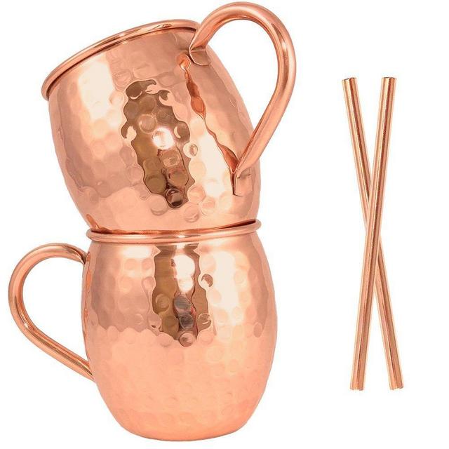 Moscow Mule Mugs Set of 2 + Copper Straws by Artisan's Anvil – Four Solid 16 oz Copper Mugs Gift Set – 100% Pure Hammered Copper Barrel Mugs – Handmade Unlined Copper Cups
