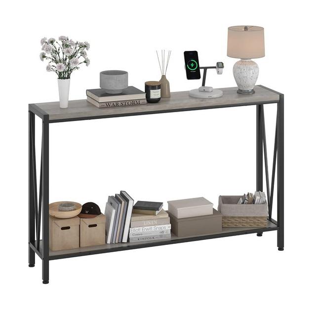 IDEALHOUSE Grey Console Table, 42.9" Grey Entryway Table with Storage, Wood and Metal 2-Tier Narrow Long Sofa Table with Shelf, Behind Couch Table, Console Table for Entryway, Living Room