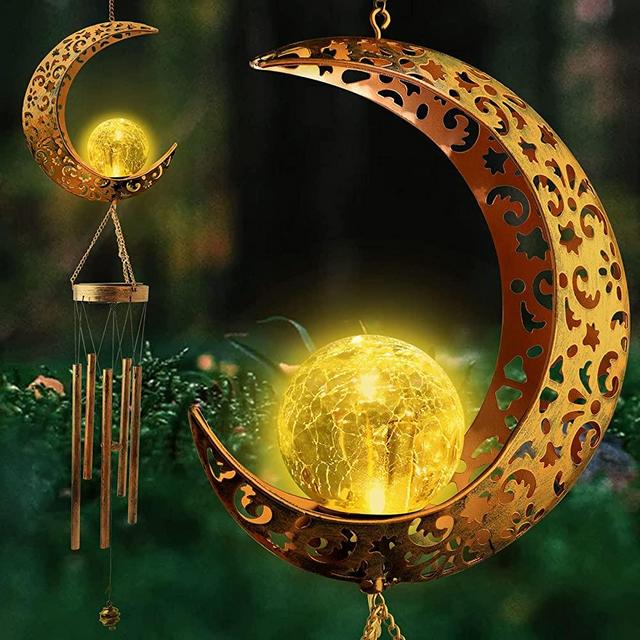 Moon Crackle Glass Ball Wind Chimes Solar Moon Night Light Casting Shadows Women Gift Mom Gifts Garden Decor Retro Copper Large Wind Bells Mom Birthday Gift Large Deep Tone Music Wind Chimes