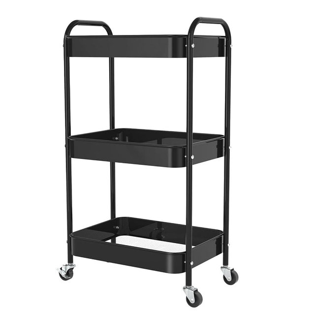 PNVXNUS 3-Tier Rolling Metal Storage Cart with Wheels, Multi-Functional Organizer for Office, Kitchen, Bathroom, Books Diapers - Easy Assembly (Black)