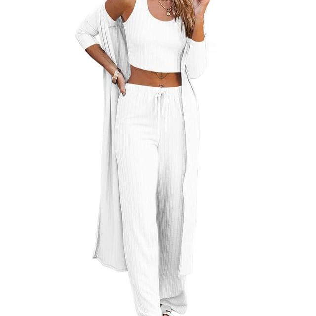 Womens Pajamas Set Fall Winter 3 Piece Loungewear Set Crop Vest Top Loose Pants and Cardigan Knitwear Jumpsuit Warm