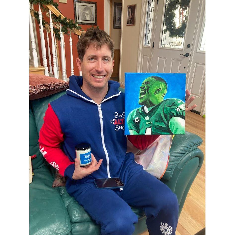 My dad accused me of causing the Eagles' downfall, because as I painted this portrait of Jalen Hurts for Doug's Christmas gift, the worse the Eagles played. See "Picture of Dorian Gray" for more info