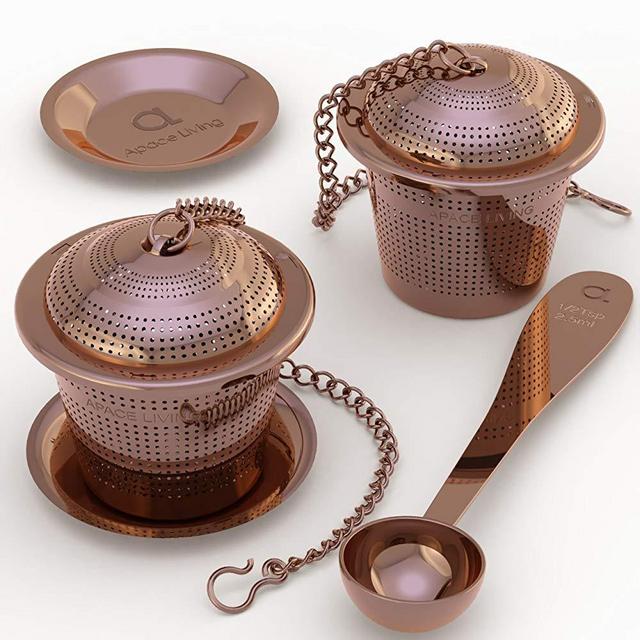 Loose Leaf Tea Infuser (Set of 2) with Tea Scoop and Drip Dray by Apace - Ultra Fine Stainless Steel Strainer & Steeper for a Superior Brewing Experience