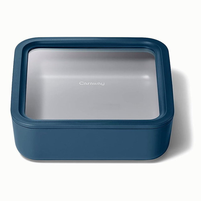 Caraway Glass Food Storage, 10 Cup Glass Container - Ceramic Coated Food Container - Easy to Store, Non Toxic, Non Stick Lunch Box Container with Glass Lids. Dishwasher, Oven, & Microwave Safe - Square Shape - Navy