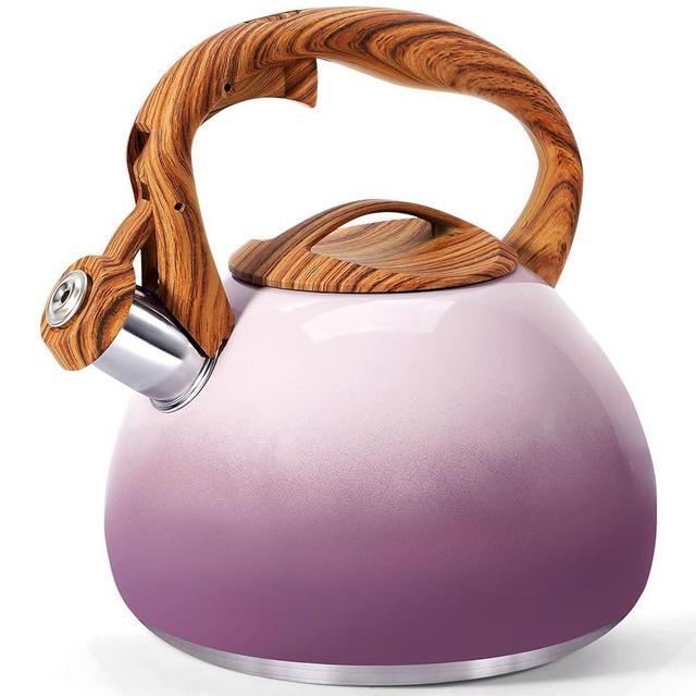 GGC Tea Kettle for Stove Top, 3.1QT/3L Whistling Tea Kettles for Boiling Water Coffee or Milk, Purple Tea Pot with Wood Parttern Handle, Stainless Steel Tea Pot for Home and Kitchen