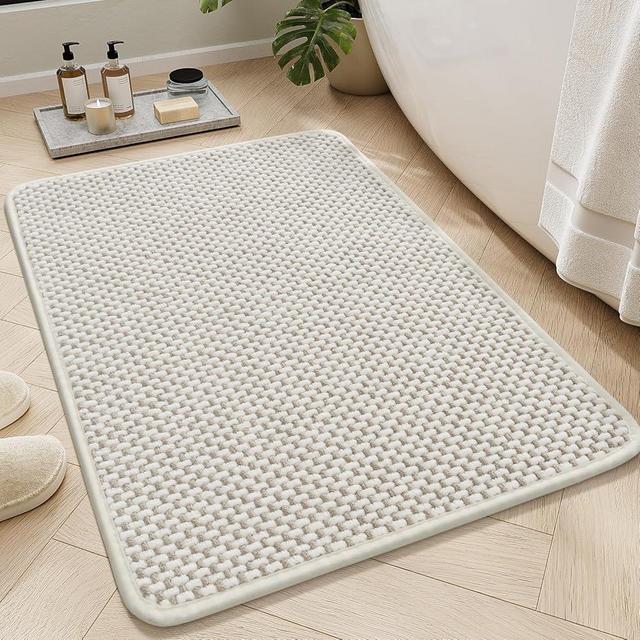 AMOAMI Chenille Bath Mat Super Absorbent Bathroom Mat Quick Dry Bath Mats for Bathroom Rubber Backed Bathroom Rugs Non Slip Washable Fit Under Door, Front of Bathtub, Sink, Beige&White 17"x24"