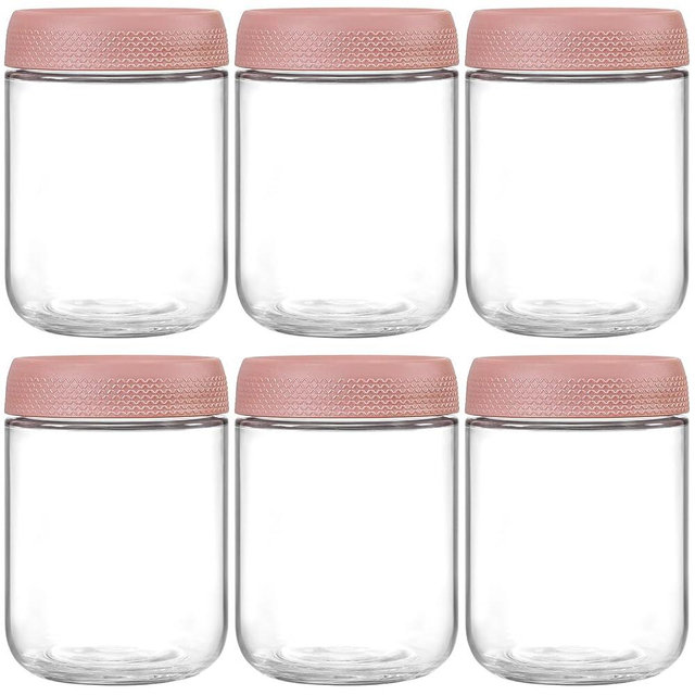 NETANY 6-pack 16oz Glass jars with Airtight Lids, Overnight Oats Containers with Lids, Wide mouth Mason Salad jars, Glass Food Storage Containers for Snacks Yogurt Spice Sugar-Pink