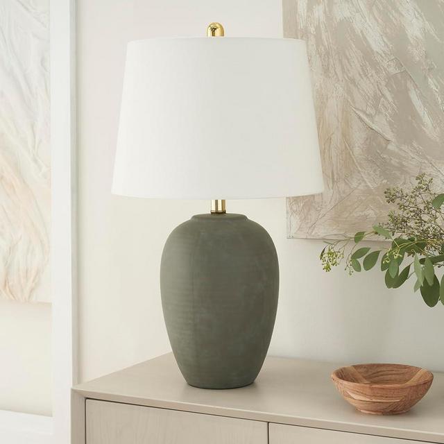 Nourison 23" Olive Green Rustic Ceramic Jar Table Lamp for Bedroom, Living Room, Dining Room, Office, with White Tapered Drum Shade