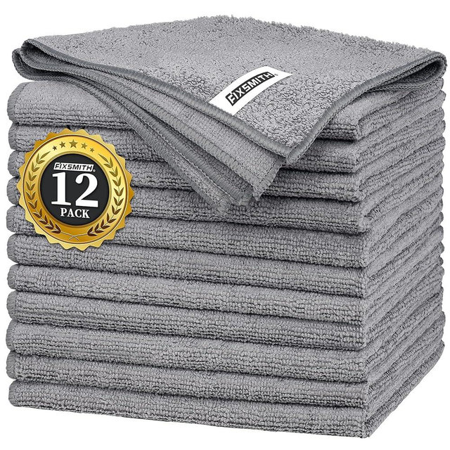 FIXSMITH Grey Microfiber Cleaning Cloth -Pack of 12, Highly Absorbent Cleaning Rags, 16"X12" All Purpose Cleaning Towels for Housekeeping, Kitchen, Car, Lint Free and Reusable Microfiber Towels