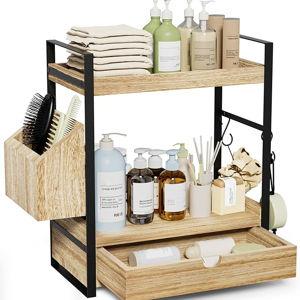 2-Tier Bathroom Counter Organizer with Drawer and Basket, Wood Countertop Organizer for Storage, Skincare Organizers for Vanity, Counter Shelf for Bathroom Organization