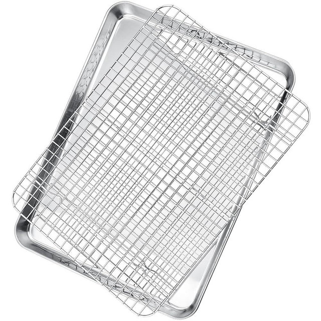 P&P CHEF 17.5 Inch Baking Sheet and Rack Set, Stainless Steel Cookie Sheets Oven Baking Pans Trays with Cooling Racks for Cooking & Roasting, Oven & Dishwasher Safe, (2Pcs)