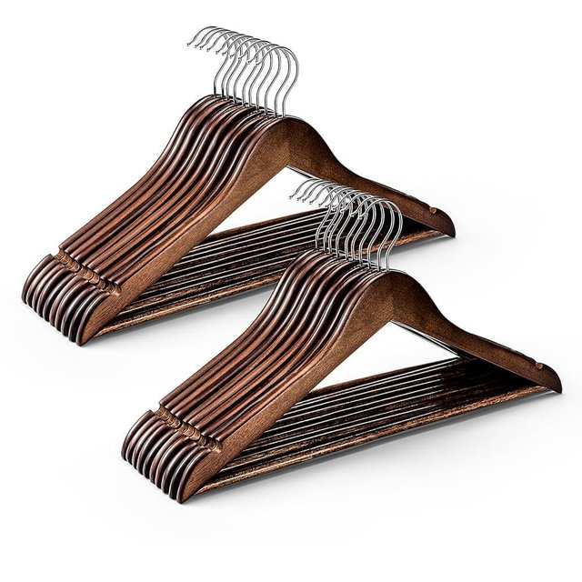 HOUSE DAY Wooden Hangers 200 Pack, Heavy Duty Wooden Coat Hangers for Closet, Smooth Finish Woode Hangers Suit Hangers with Non Slip Pants Bar, Sturdy Wooden Clothes Hangers for Shirts, Walnut