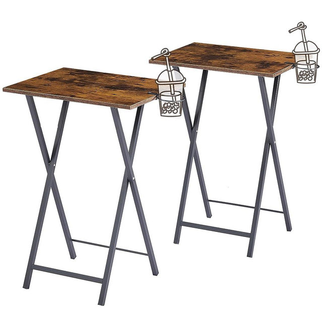 VECELO TV Tray for Eating Set of 2, Portable Dinner/Snack Table with Cup Holder for Couch, Living Room and Small Space, Antique Brown