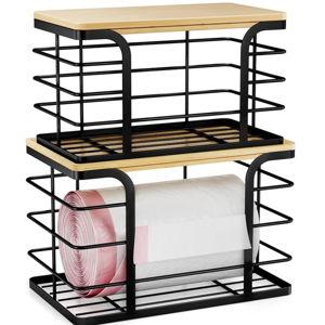 2 Pack Stackable Storage for Kitchen Laundry Pantry Organizers,Trash Bag Holder with Bamboo Top,Wall Mount Garbage Bag Dispenser,Black Large and Small