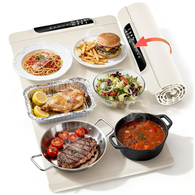 Food Warming Mat, 10s Fast Heating with 5 Modes & 10 Temp Settings, 0.5-10H Timer, Foldable & Easy-Clean Food Grade Silicone Mat for Desk, Table, Home Kitchen (White, 26 * 15 inch)