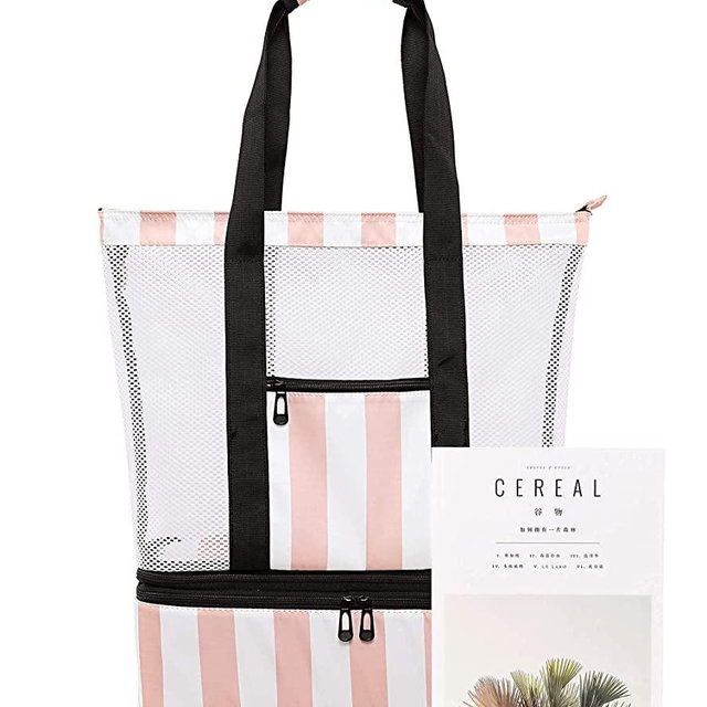 Mesh Beach Bag with Cooler Sections Pool Bag for Women Detachable Insulated Picnic Bag and Solid Zipper Closure Travel Tote Shoulder Bag (Light Pink)