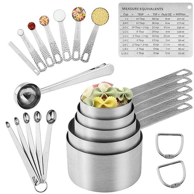 Kalsreui Measuring Cups and Spoons Set, 5 Stainless Steel Measuring Cups, 6 Measuring Spoons, 5 Mini Measuring Spoons, 1 Measure Equivalents, 1 Leveler, 3 Rings (Total: 21pcs)