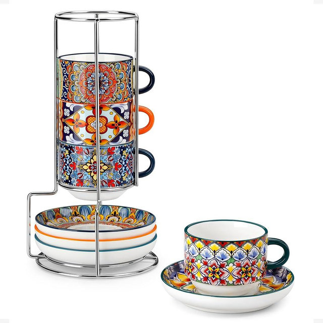 vancasso 8 Oz Stackable Espresso Cups with Saucers and Metal Stand Set of 4,Bohemian Ceramic Cappuccino Cups - Microwave and Dishwasher Safe, Perfect For Tea, Espresso, Latte, Cafe-03