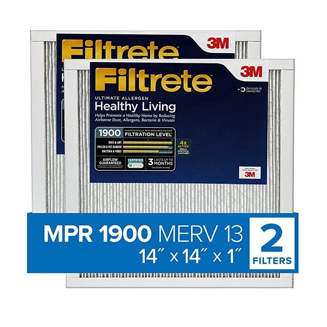 Filtrete 14x14x1, AC Furnace Air Filter, MPR 1900, Healthy Living Ultimate Allergen, 2-Pack (exact dimensions 13.781 x 13.813 x 0.84)