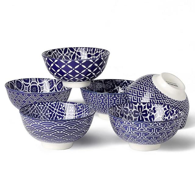 Metahom Blue and White Bowls, Ceramic Dessert Bowls 10 Oz, Porcelain Bowl Set for Ice Cream, Decorative Bowls for Snack Soup Condiments, Side Dishes, Set of 6