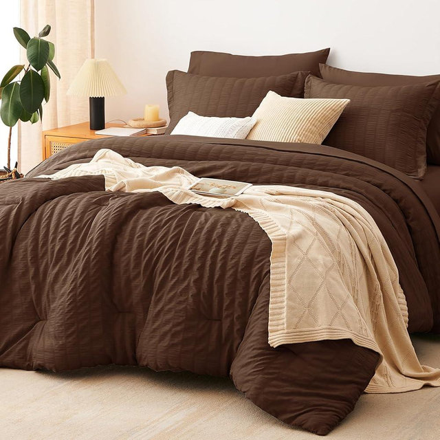 CozyLux Oversized King Comforter Set Brown Seersucker 7 Pieces 120x98 Bed in a Bag Comforter Set with Sheets, Luxury Soft Bedding Sets with Down Alternative Comforter, Sheets, Pillowcases & Shams