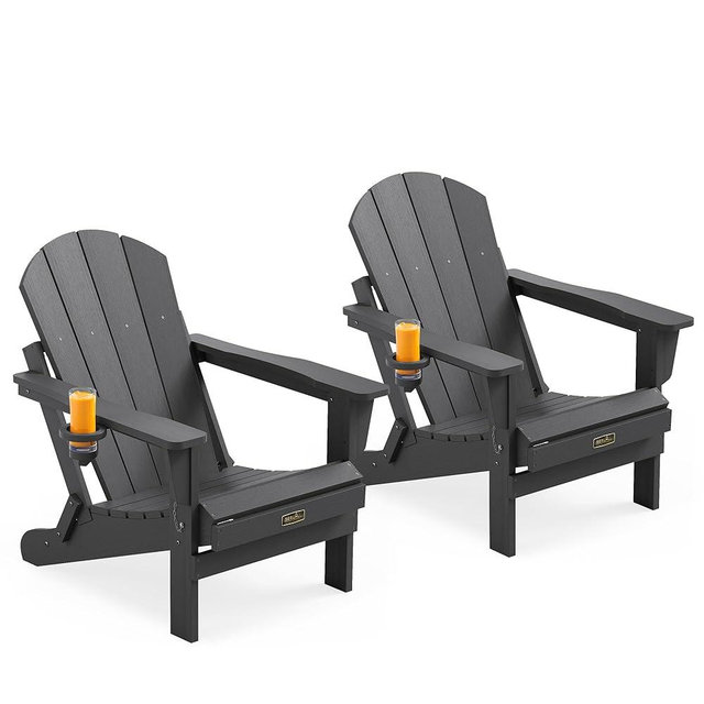SERWALL Folding Adirondack Chair with Cup Holder Set of 2, All Weather Adirondack Chairs, Fire Pit Chairs for Patio Garden Outdoors Fire Pit - Gray