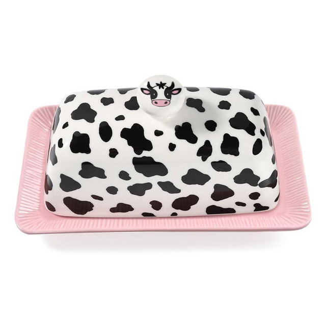 Cow Butter Dish With Lid for Countertop - Cute Funny Ceramic Cover Pink Kitchen Decor, Vintage Large Farmhouse Kitchen Accessories