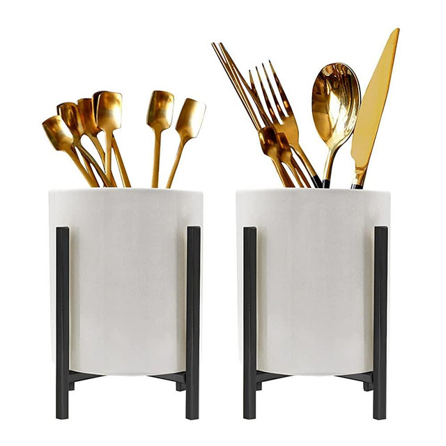 SIEBOLD 2pcs Cutlery Holder White Ceramic With Black Matte Bracket Robust Silverware Caddy For Store Forks, Knives, Spoons, Napkins, Medium