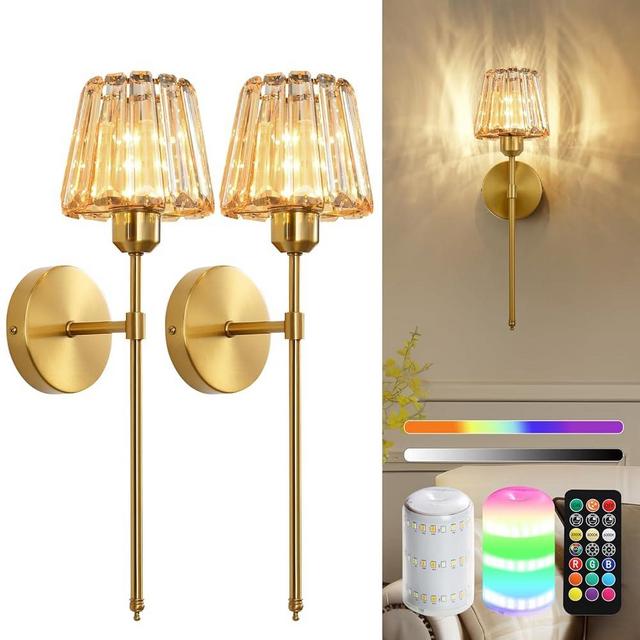 YUXINLUX Battery Operated Crystal Wall Sconce Set of 2, Amber Rechargeable Wireless Wall Sconces with Remote Dimmable 12 Colors Modes Led Wall Lights for Bedroom Living Room Hallway, 2 Bulbs Included