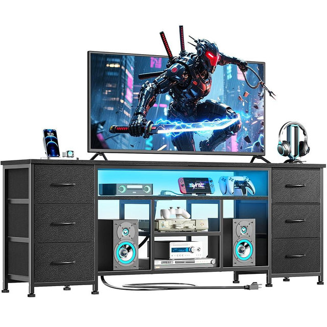 Furologee LED TV Stand for 65, 70 Inch TV, 63 Inch Entertainment Center with Power Outlets, 6 Fabric Drawers Dresser for Bedroom, Media Console with Open Shelves, PU Leather Surface, Black