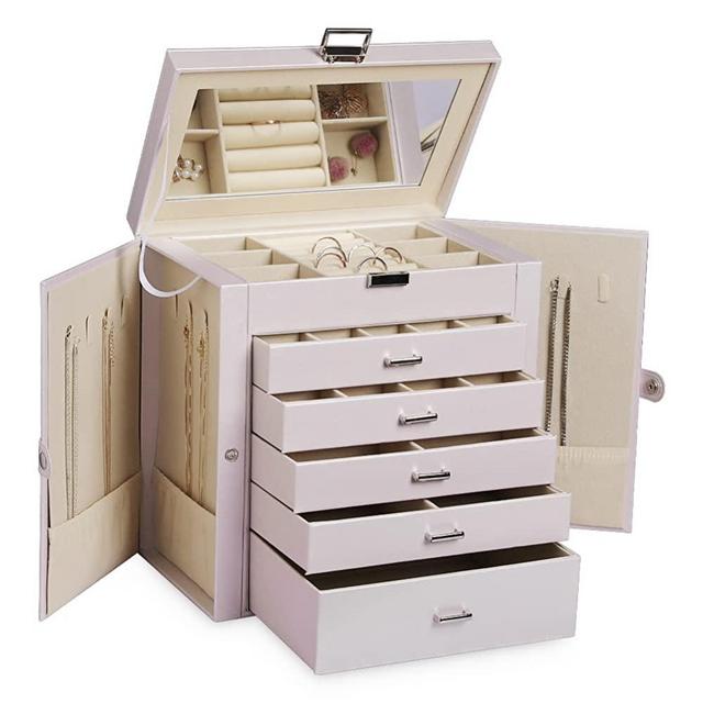 Frebeauty Large Jewelry Box,6-Tier PU Leather Jewelry Organizer with Lock,Multi-functional Storage Case with Mirror,Accessories Holder with 5 Drawers for Earrings Necklace Bracelets Watches and Sunglasses for Women Girls(Pearl White)