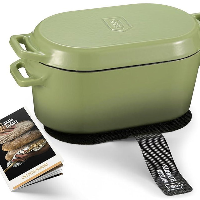 Kook Dutch Oven, for Bread Baking, Sourdough Loaf Pan, Dual Handles, Enameled Cast Iron, with Sling, Dishwasher Safe, 3.4 Qt, Sage Ombre