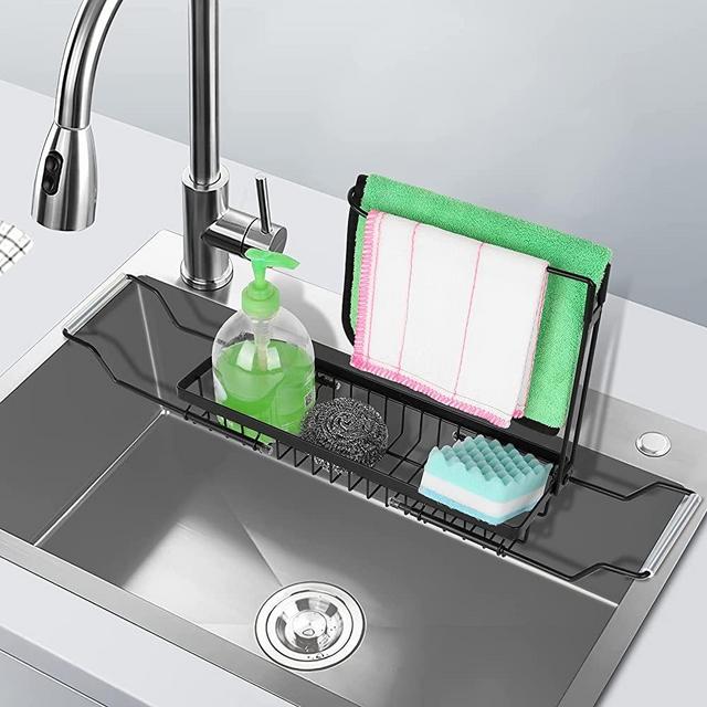 Sponge Holder for Kitchen Sink, Telescopic Sink Storage Rack, SUS304 Stainless Kitchen Sink Organizer, Rust Proof Water Proof, Larger Sink Brush Holder, No Drilling,Black