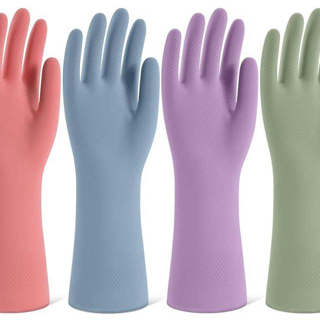 Rubber Cleaning Gloves for Dishwashing, 4 Pairs Reusable Kitchen Gloves for Washing Dishes and Household Cleaning, Colorful Dish Gloves with Flocked Lining and Non-Slip Grip, Pefect for Woman Men - M