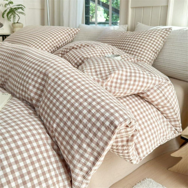 Tan Plaid Gingham Duvet Cover King 3 Pieces Checkered Grid Duvet Cover 100% Washed Cotton Beige Plaid Comforter Cover with Zipper Closure 2 Pillowcases Luxury Soft Gingham Bedding Set Breathable