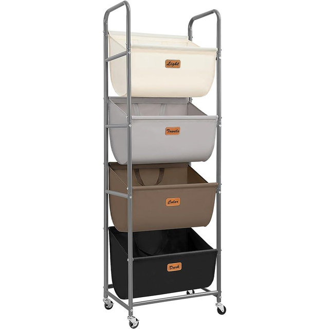 STORAGE MANIAC Vertical Rolling Laundry Hamper, 4 Section Laundry Sorter with Wheels and 2 Breaks, 4-tier Laundry Baskets for Small Space, Dorm, Laundry Room, Closet, Multicolored 4-tier