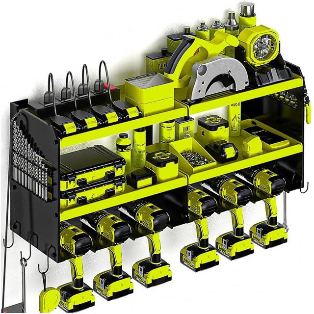 Spampur Power Tool Organizer, 15 Min Quick Assembly & Max 150lb load by Heavy Duty Metal, 6 Slots for Cordless Drill with 4 Outlet Power Strip in Garage/Workshop/Pegboard Suitable for Father Gift