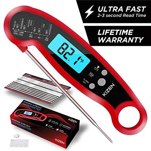 Kizen Meat Instant Read Thermometer - Best Waterproof Alarm Thermometer with Backlight & Calibration. Kizen Digital Food Thermometer for Kitchen, Outdoor Cooking, BBQ, and Grill!
