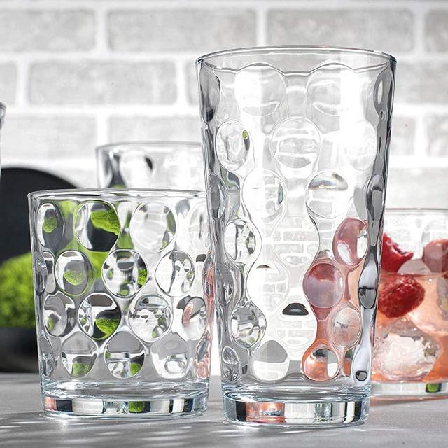 Attractive Durable Drinking Glasses, Set of 16 Clear Glass Cups, 8 Highball Glasses (17oz) 8 Rocks Glasses (13oz), Bubble Design Glassware Set for Water, Juice, Beer, Wine, and Cocktails