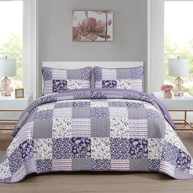Mybedsoul Purple Quilt Set California King Size, 3 Pieces Boho Plaid Floral Bedspread Set Microfiber Lightweight Bohemian Bedding Bedspread Coverlet Set for All Season 106"x 96"