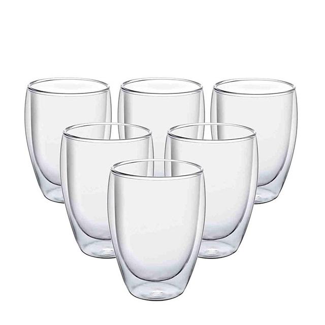 ComSaf Glass Coffee Mugs 12 OZ - Set of 6, Double Wall Insulated Thermal Cups Drinking Glasses For Tea/Coffee/Latte/Cappucino/Cafe/Milk, Clear
