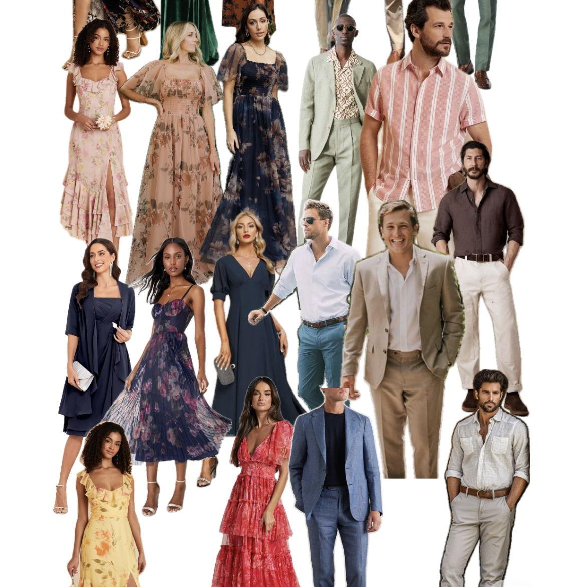 Gentlemen: Dress Shirts, Polo Shirts, Trousers, Slacks, Dress Shoes, Formal Shoes.
*NO NAVY BLUE*

Women: Dresses, Skirts, Dressy Blouse, Heels, Wedges, Flats *NO WHITE*