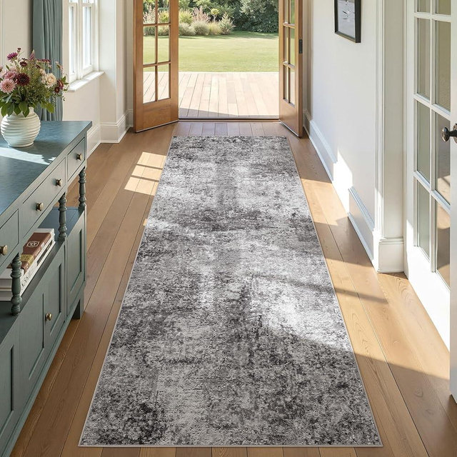 DMOYEST Washable Runner Rug for Hallway: 3x8 Neutral Modern Abstract Low Pile Area Rug with Non-Slip Backing - Carpet for Bedroom Kitchen Laundry Entryway Bathroom Indoor - Grey